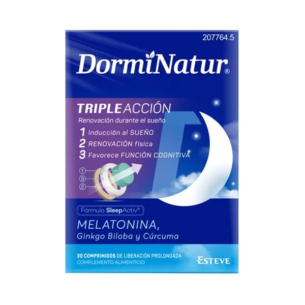 DORMINATUR Triple acción Complemento alimenticio a base de Melatonina, Ginko biloba y Cúrcuma 30 uds. - 1 ud - Imagen del producto en Findit