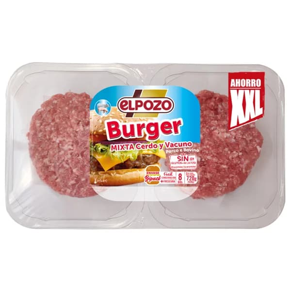 Bandeja con burger meat mixta (vacuno-cerdo) EL POZO 8 x 90 g. - 0.72 kg - Imagen del producto en Findit