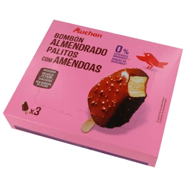 AUCHAN Helado bombón almendrado de vainilla, sin gluten ni azucares añadidos 3 x 110 ml. Producto Alcampo - 0.33 l - Imagen del producto en Findit