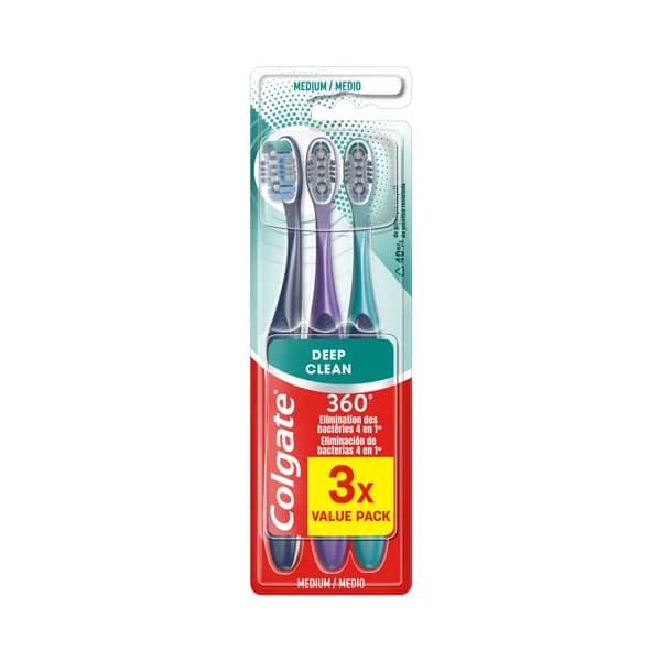 COLGATE 360º Cepillo de dientes medio, con 4 zonas de acción que ayudan a eliminar las bacterias bucales 3 uds. - 1 ud - Imagen del producto en Findit