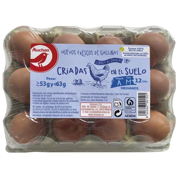 AUCHAN Huevos de gallinas sueltas en el gallinero clase M y cat. A 12 uds. Producto Alcampo - 1 ud - Imagen del producto en Findit