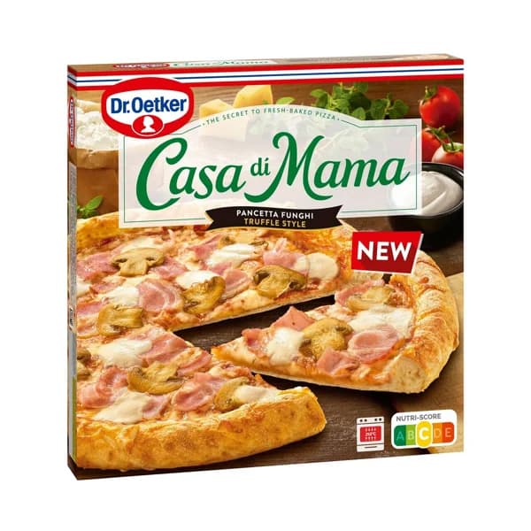 DR. OETKER Casa di mama Pizza congelada de masa fina con tocino, champiñones, queso y sabor a trufa 407 g. - 0.41 kg - Imagen del producto en Findit
