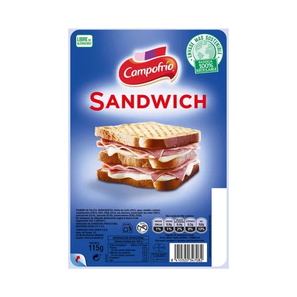 CAMPOFRÍO Fiambre de paleta de jamón, cortado en lonchas, especial sandwich CAMPOFRÍO 115 g. - 0.12 kg - Imagen del producto en Findit