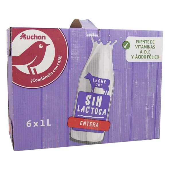 AUCHAN Leche entera de vaca, sin lactosa 6 x 1 l. Producto Alcampo - 6 l - Imagen del producto en Findit
