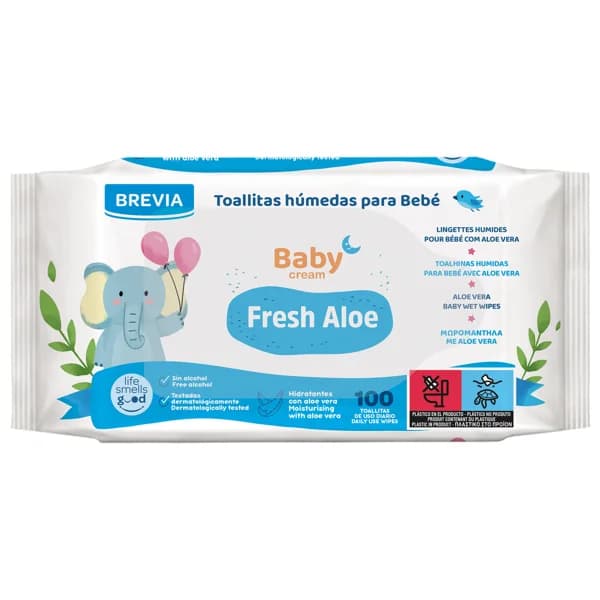 BREVIA Toallitas húmedas para bebé con aloe vera y sin alcohol BREVIA Babycream 100 uds. - 1 ud - Imagen del producto en Findit