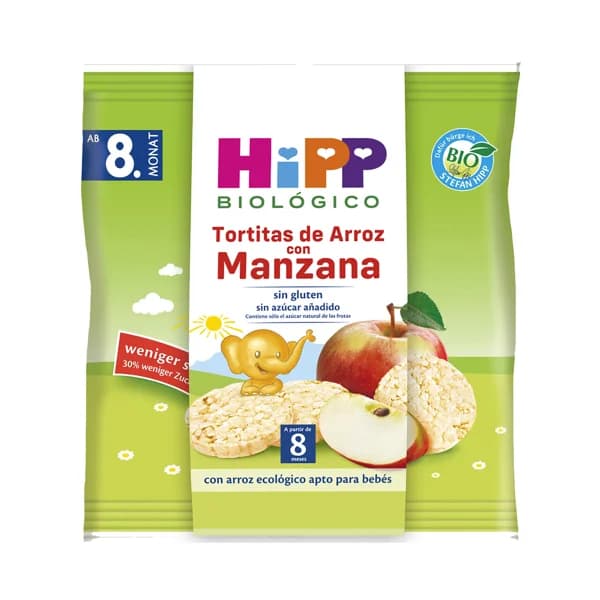 HIPP Biológico Tortitas de arroz ecológico con manzana, a paritr de 8 meses 30 g. - 1 ud - Imagen del producto en Findit