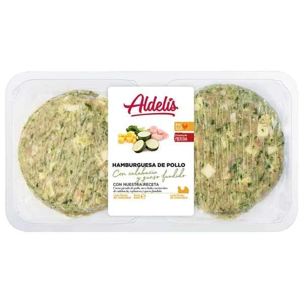 Bandeja con hamburguesa de pollo con calabacín, espinacas y queso fundido ALDELÍS 4 x 80 g. - 0.32 kg - Imagen del producto en Findit