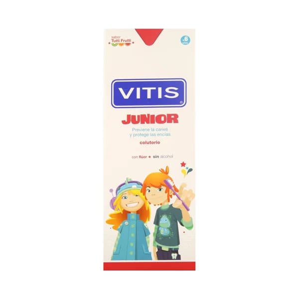 VITIS Enjuague bucal diario, con flúor y sin alcohol, con sabor a Tutti Frutti, a partir de 6 años VITIS Junior 500 ml. - 0.5 l - Imagen del producto en Findit