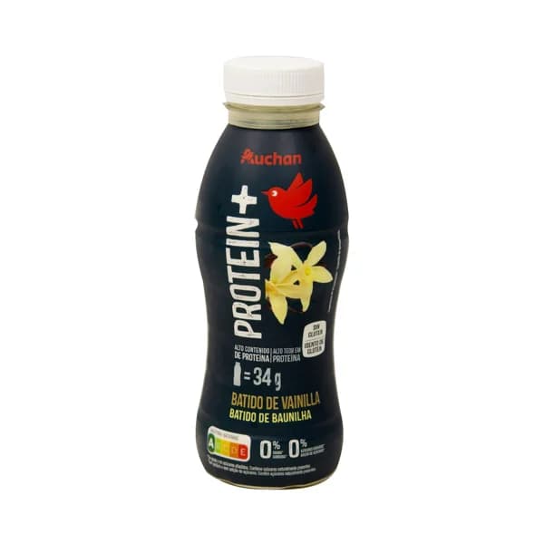 AUCHAN Protein + Bebida lactea de vainilla, sin grasa ni azúcares añadidos y con alto contenido en proteína 330 ml. Producto Alcampo - 0.33 l - Imagen del producto en Findit