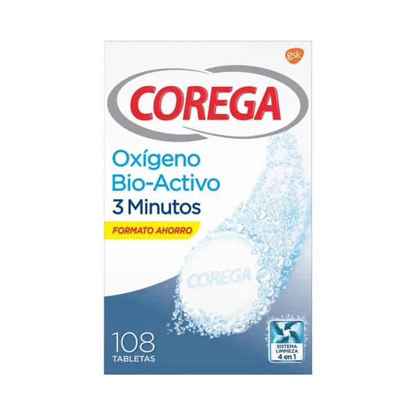 COREGA Limpiador ultra rápido para prótesis totales y parciales COREGA Oxígeno bio-activo 108 uds. - 1 ud - Imagen del producto en Findit