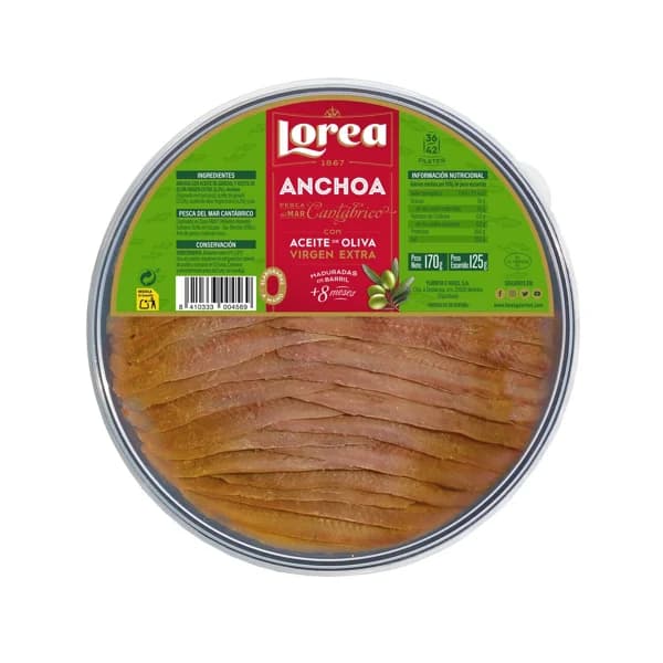 LOREA Filetes de anchoas del Cantabrico en aceite de girasol y oliva virgen extrLOREA P.N. 170 g - 0.13 kg - Imagen del producto en Findit