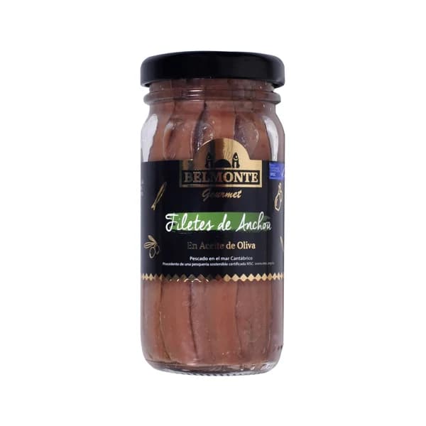 BELMONTE Filetes de anchoa del Cantábrico en aceite de oliva MSC (Pesca sostenible certificada) BELMONTE GOURMET 60 G - 0.06 kg - Imagen del producto en Findit