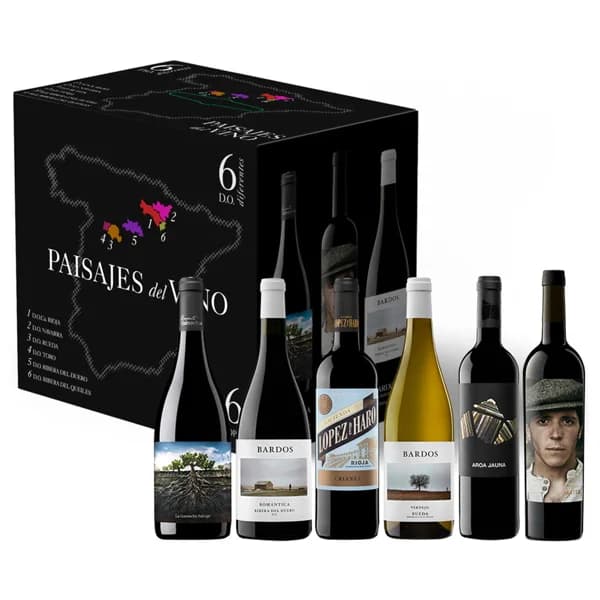 PAISAJES DEL VINO  Estuche con 6 botellas de vino de diferentes denominaciones de origen. - 1 ud - Imagen del producto en Findit