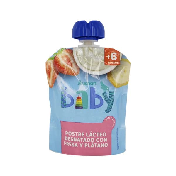 ALCAMPO BABY Bolsita de postre lácteo desnatado con fresa y plátano, a partir de 6 meses ALCAMPO BABY 90 g. - 0.09 kg - Imagen del producto en Findit