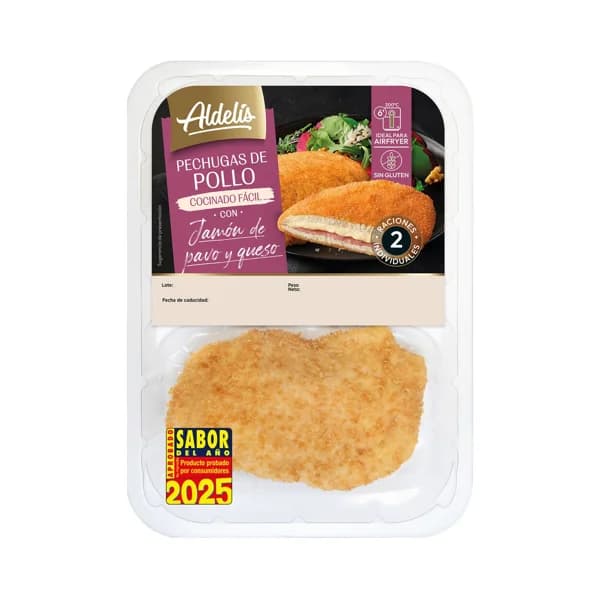 ALDELÍS Pehugas de pollo empanadas y rellenas de jamón de pavo y queso 2 uds. - 1 ud - Imagen del producto en Findit