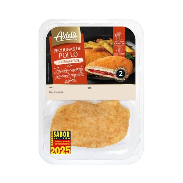 ALDELÍS Pehugas de pollo empanadas y rellenas de jamón curado, pimiento del piquillo y queso 2 uds. - 1 ud - Imagen del producto en Findit