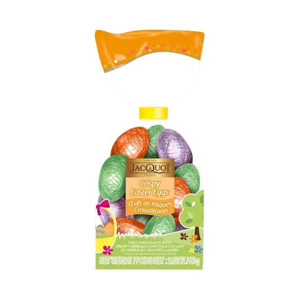 JACQUOT Huevos de chocolate con leche, rellenos de cereales crujientes y chocolate con leche 80 g. - 0.08 kg - Imagen del producto en Findit