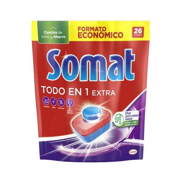 SOMAT Detergente lavavajillas a máquina SOMAT Tabs TodoEn1 26 dosis 457 gr. - 0.43 kg - Imagen del producto en Findit