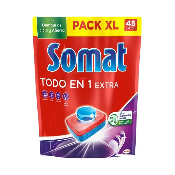 SOMAT Detergente en cápsulas para lavavajillas SOMAT Tabs TodoEn1 45 dosis 792 gr. - 0.75 kg - Imagen del producto en Findit