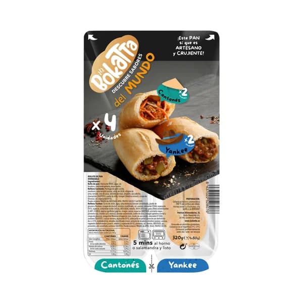 BOKATTA Bandeja de bocadillos variados Cantones (2) y Yankee (2), listos para calentar y comer BOKATTA 6 x 80 g. - 0.32 kg - Imagen del producto en Findit