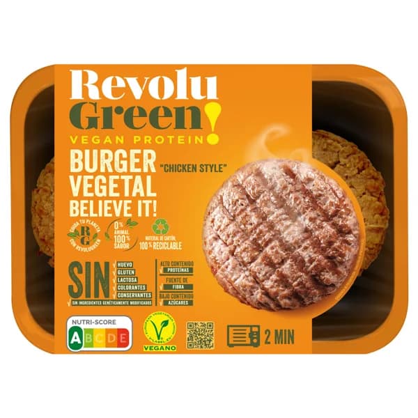 REVOLU GREEN! Burger vegetal "sabor pollo", lista para calentar y comer REVOLU GREEN! 2 x 75 g. - 0.15 kg - Imagen del producto en Findit