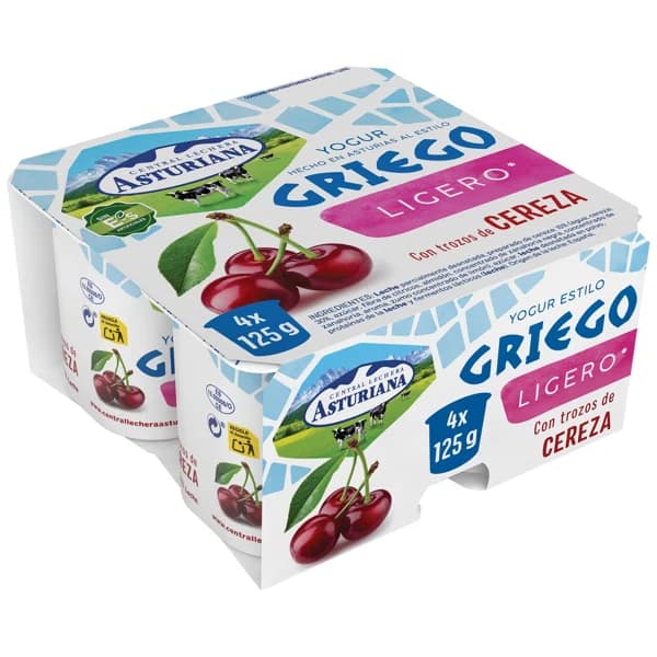 CENTRAL LECHERA ASTURIANA Yogur estilo griego ligero con trozos de cereza 4 x 125 g. - 0.5 kg - Imagen del producto en Findit