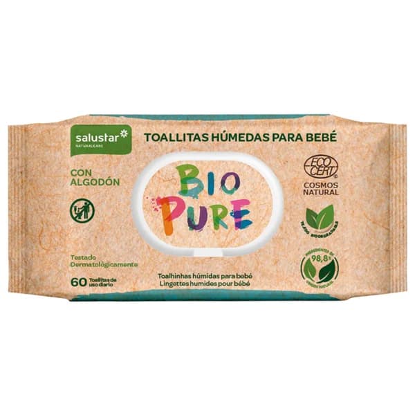 SALUSTAR Toallitas humedas para bebé, con algodón y dermatológicamente testadas SALUSTAR Bio pure 60 uds. - 1 ud - Imagen del producto en Findit