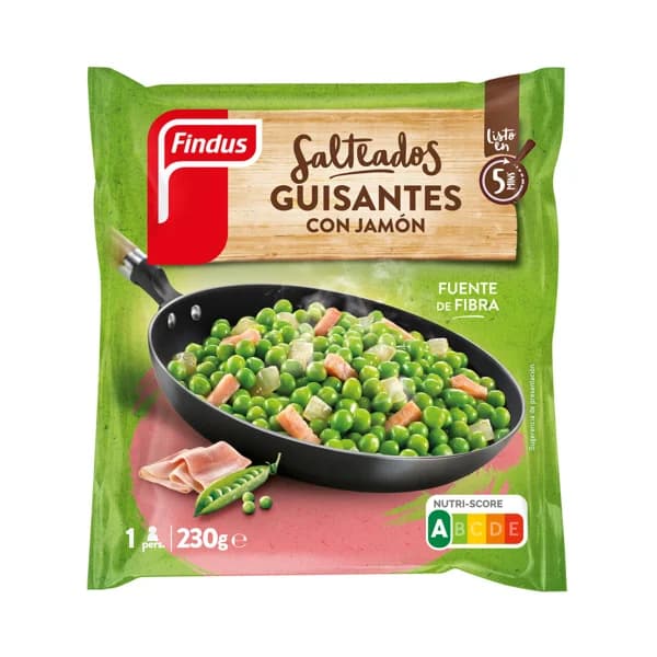 FINDUS Salteados Guisantes con jamón, listos para calentar y comer 230 g. - 0.23 kg - Imagen del producto en Findit