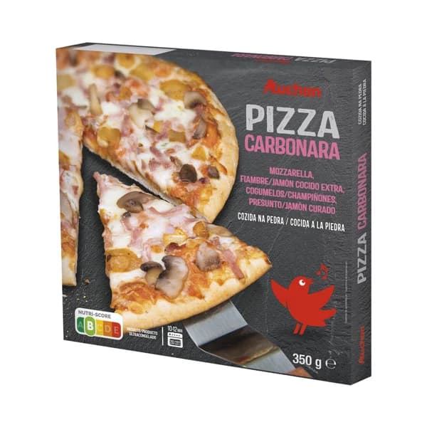 AUCHAN Pizza carbonara (jamón cocido extra, champiñones y jamón curado) cocida a la piedra 350 g. Producto Alcampo - 0.35 kg - Imagen del producto en Findit