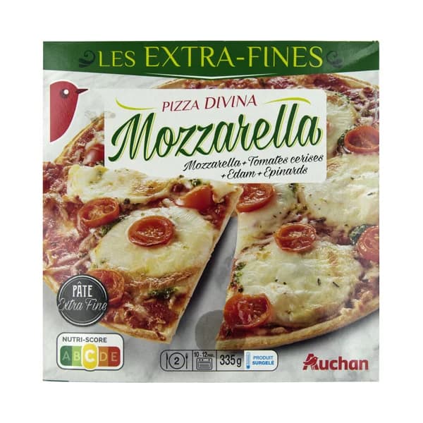 AUCHAN Pizza de mozzarella, tomates cereza, queso Edam y espinacas con masa extra fina 335 g. Producto Alcampo - 0.34 kg - Imagen del producto en Findit