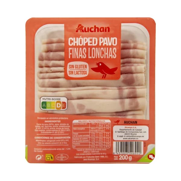 AUCHAN Chopped de pavo sin gluten y sin lactosa, cortado en finas lonchas 200 g. Producto Alcampo - 0.2 kg - Imagen del producto en Findit