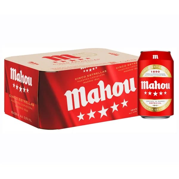 MAHOU 5 ESTRELLAS Cervezas pack de 12 latas de 33 cl. - 3.96 l - Imagen del producto en Findit