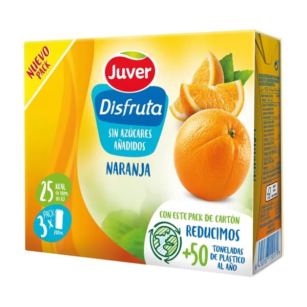 JUVER Néctar de naranja, sin azúcares añadidos JUVER DISFRUTA pack 3 uds x 20 cl. - 0.6 l - Imagen del producto en Findit