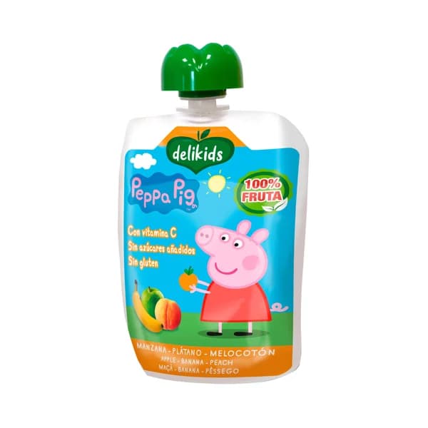 DELIKIDS Peppa pig Bolsita de fruta (manzana, plátano y melocotón) a partir de 6 meses 90 g. - 0.09 kg - Imagen del producto en Findit