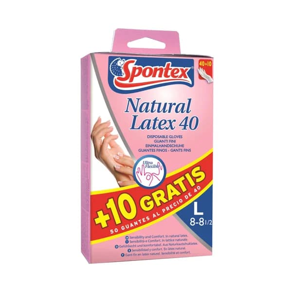 SPONTEX Guantes de látex finos talla L, 8-8 1/2 SPONTEX 40 + 10 uds. - 1 ud - Imagen del producto en Findit