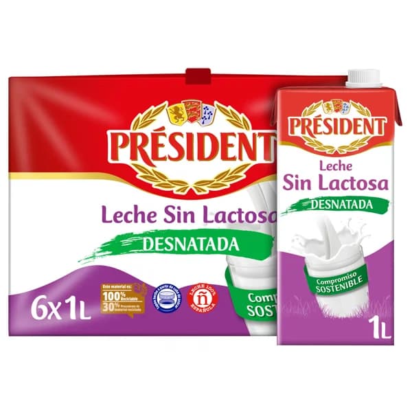 PRESIDENT Leche de vaca desnatada y sin lactosa de origen 100% española 6 x 1 l. - 6 l - Imagen del producto en Findit