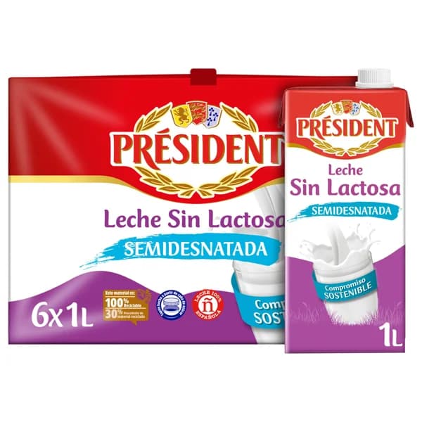 PRESIDENT Leche de vaca semidesnatada y sin lactosa de origen 100% española  6 x 1 l. - 6 l - Imagen del producto en Findit