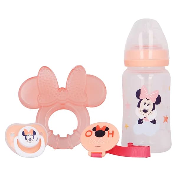 Set de 4 piezas (biberón de 240 ml, chupete anatómico, mordedor y sujetachupetes), MINNIE DISNEY. - 1 ud - Imagen del producto en Findit
