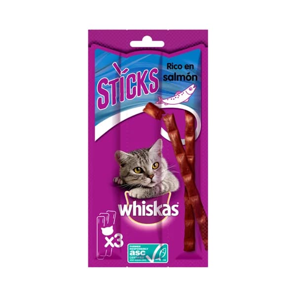 WHISKAS Snacks para gatos adultos a base de salmón en sticks WHISKAS 3 uds.18 g. - 0.02 kg - Imagen del producto en Findit