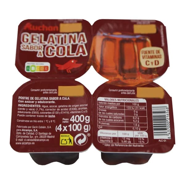 AUCHAN Gelatina con sabor a cola 4 x 100 g. Producto Alcampo - 0.4 kg - Imagen del producto en Findit