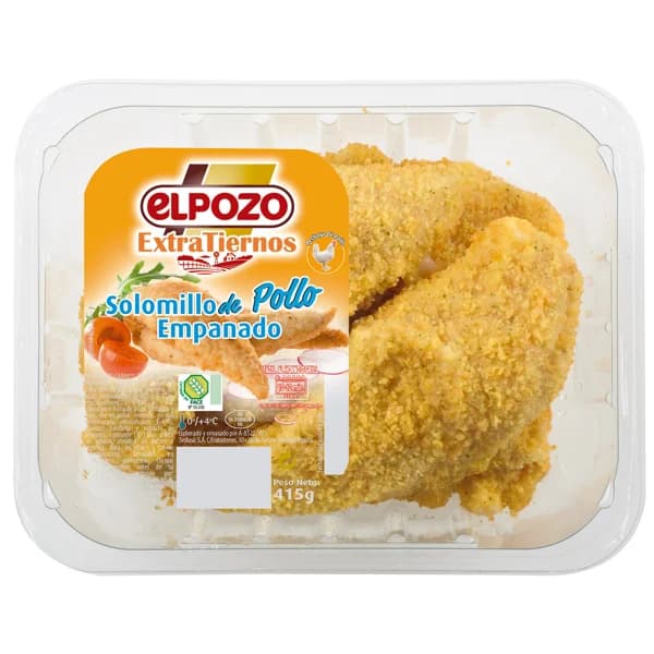 Bandeja con solomillos de pechuga de pollo marinados y empanados, elaborados sin gluten EL POZO Extratiernos 415 g. - 0.42 kg - Imagen del producto en Findit