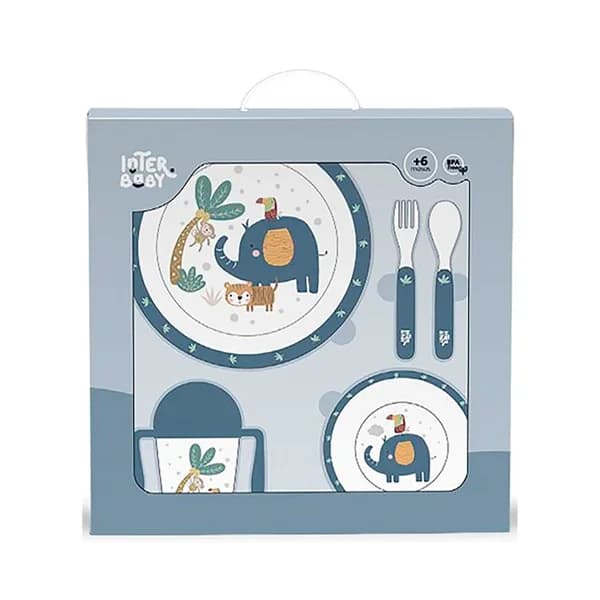 Set vajilla para bebé de 5 piezas jungla azul, INTERBABY. - 1 ud - Imagen del producto en Findit
