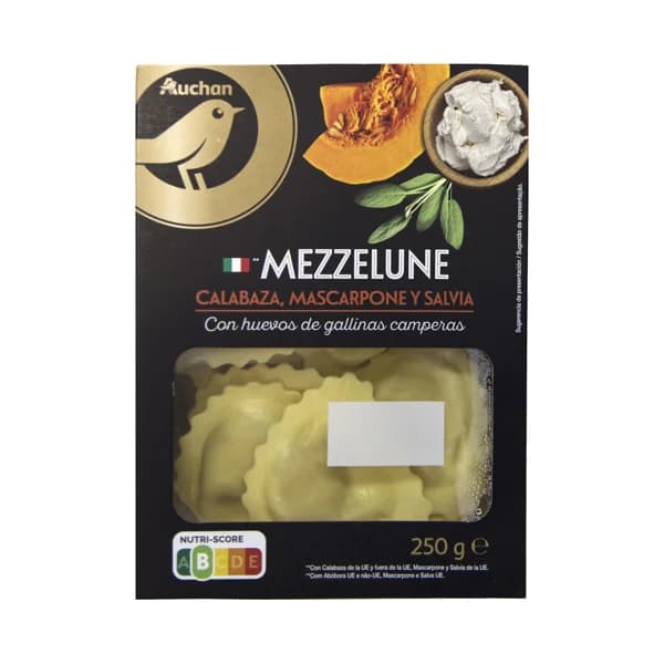 ALCAMPO GOURMET Mezzelune de pasta fresca la huevo, rellenos de calabaza, mascarpone y salvia ALCAMPO GOURMET 250 g. - 0.25 kg - Imagen del producto en Findit
