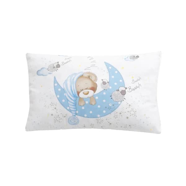 Cojín rectangular en color blanco y detalles en azul, diseño de oso. - 1 ud - Imagen del producto en Findit