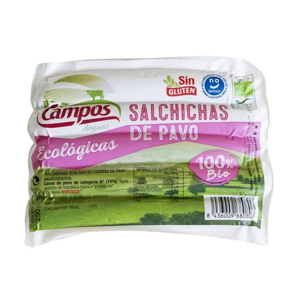 CAMPOS Salchichas cocidas ecológicas de pavo, tipo Frankfurt CAMPOS 250 g. - 0.25 kg - Imagen del producto en Findit
