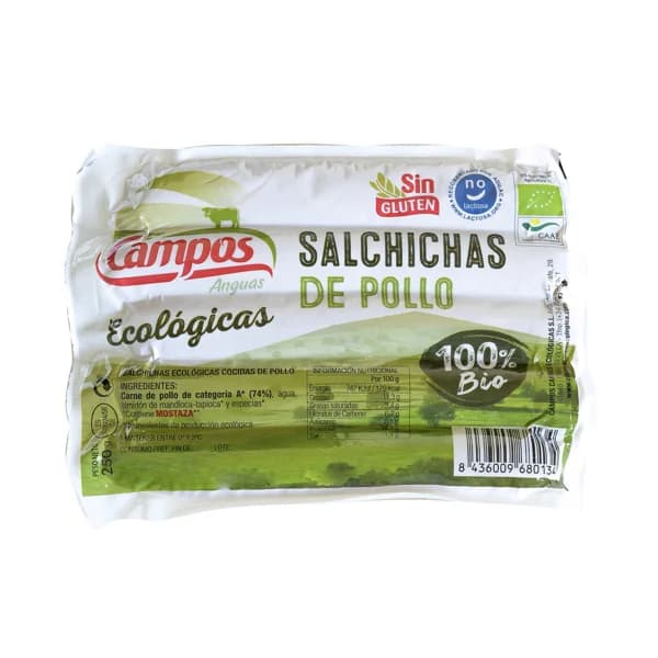 CAMPOS Salchichas cocidas de pollo ecológico, tipo Frankfurt CAMPOS 250 G. - 0.25 kg - Imagen del producto en Findit