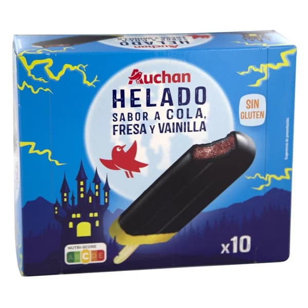 AUCHAN Polo helado con sabor a cola, fresa y vainilla 10 x 60 ml. Producto Alcampo - 0.6 l - Imagen del producto en Findit