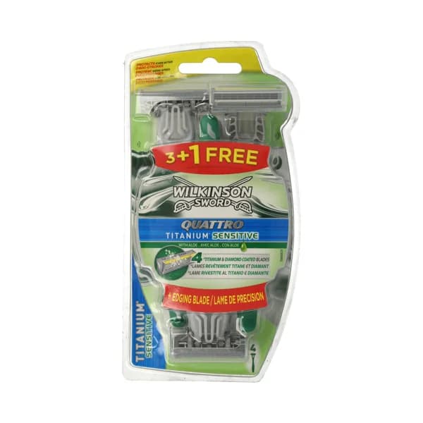 WILKINSON Maquinilla de afeitar desechable con cuatro hojas y hoja perfiladora WILKINSON Quattro titanium sensitive 4 uds. - 1 ud - Imagen del producto en Findit