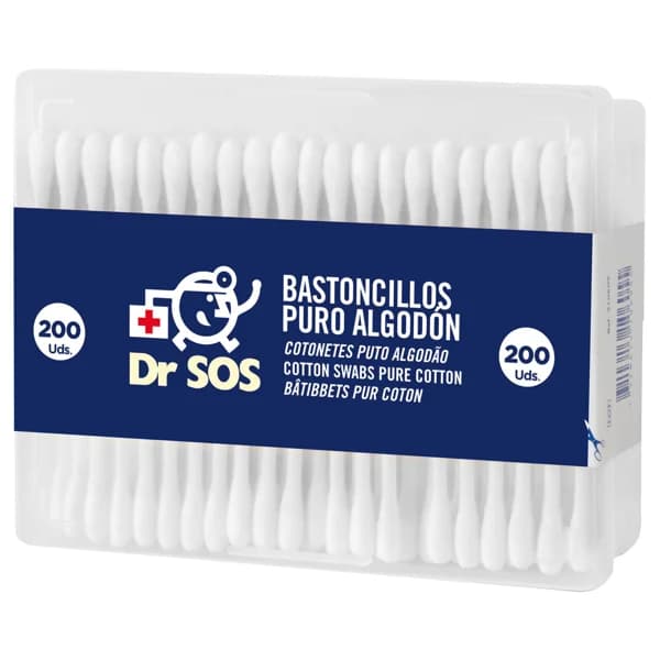 DR. SOS Bastoncillos de algodón 100% suaves y flexibles, ideales para la higiene de los oidos DR. SOS 200 uds - 1 ud - Imagen del producto en Findit