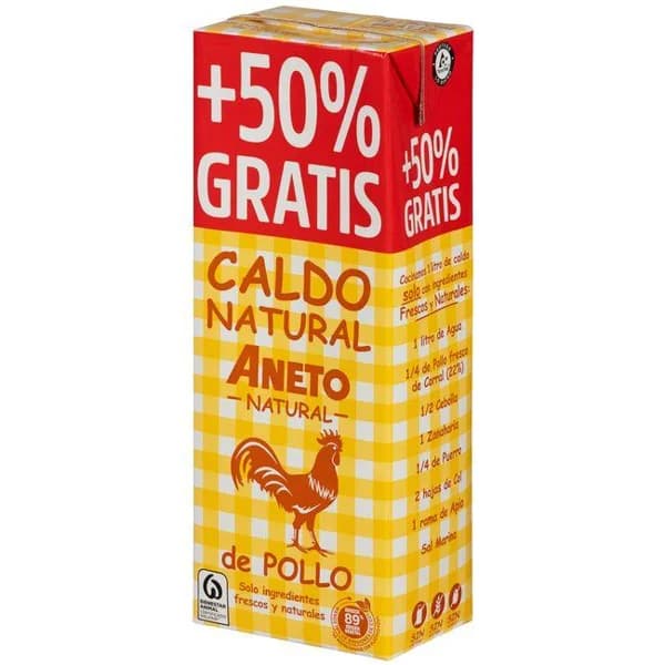 Caldo natural de pollo ANETO, brik 1 litro + 50% - 1 ud - Imagen del producto en Findit